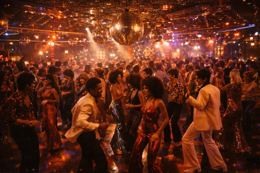 1970s disco fashion inside a classic nightclub setting