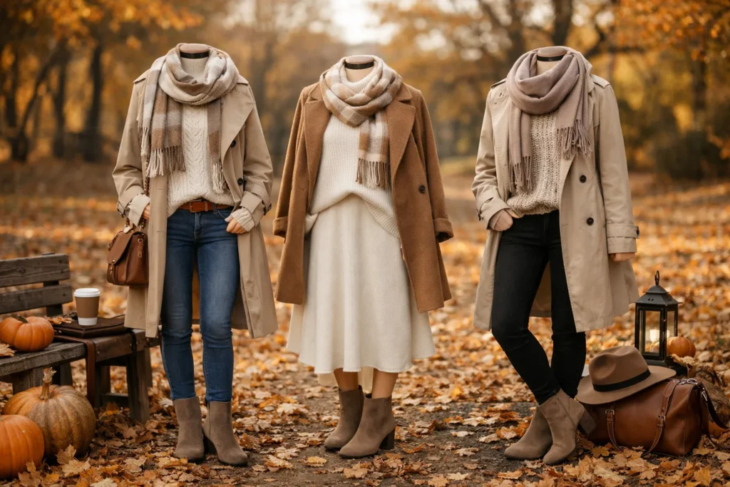 Fall outfit ideas featuring layered autumn fashion with sweaters, coats, and boots