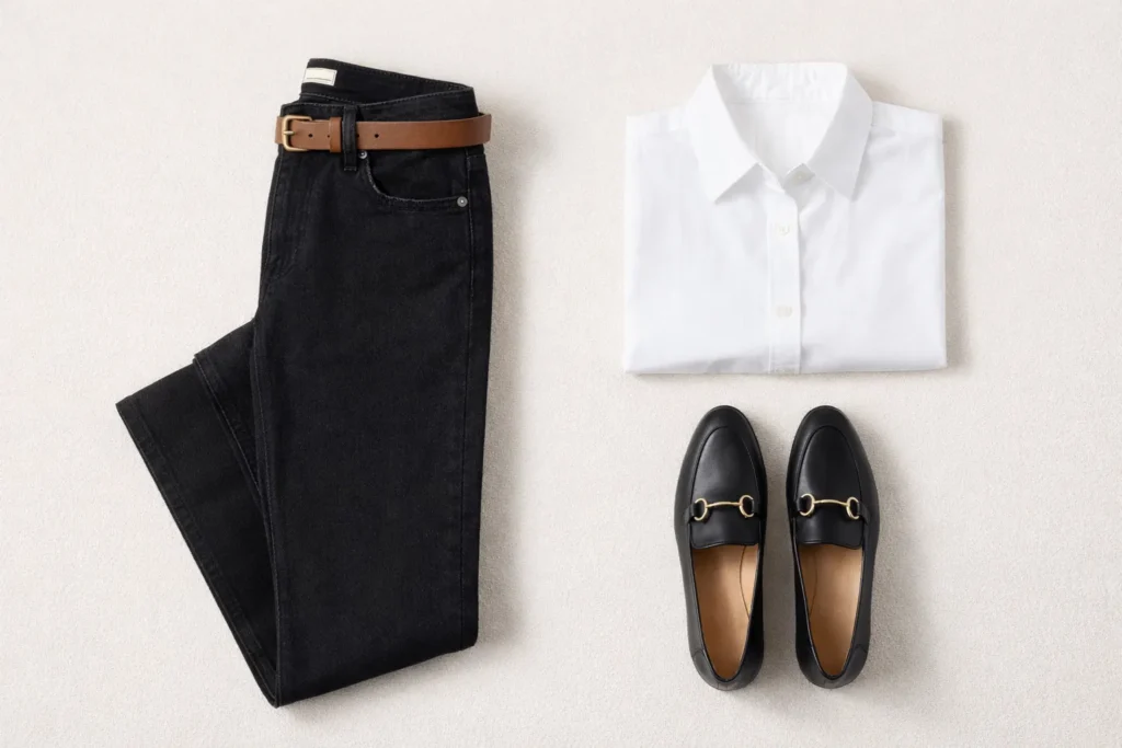 Black jeans styled as a timeless wardrobe essential