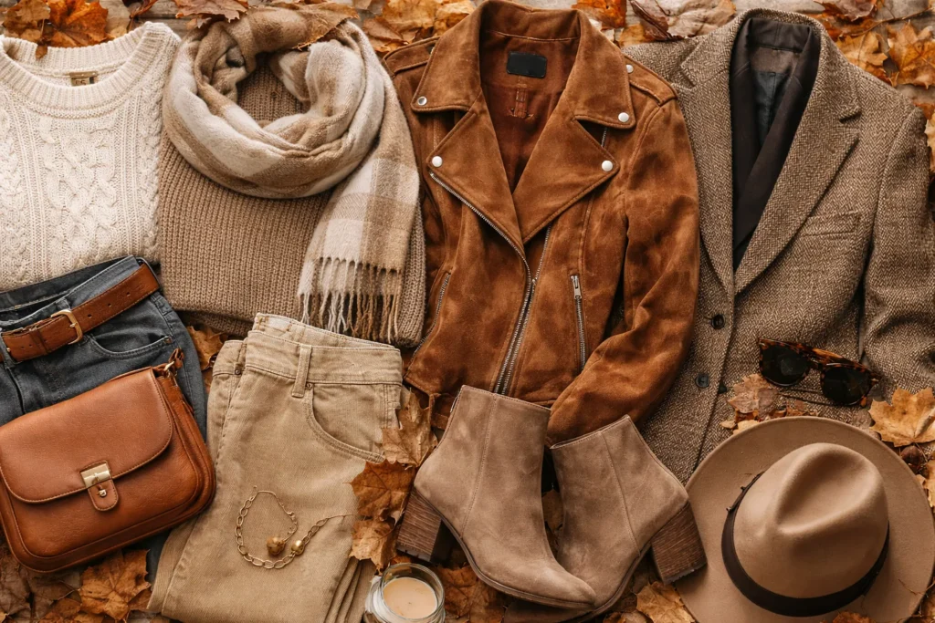 Autumn fashion textures featuring knitwear, leather, and corduroy