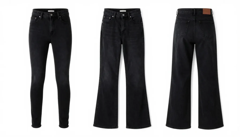 Different styles of black jeans including skinny and wide-leg