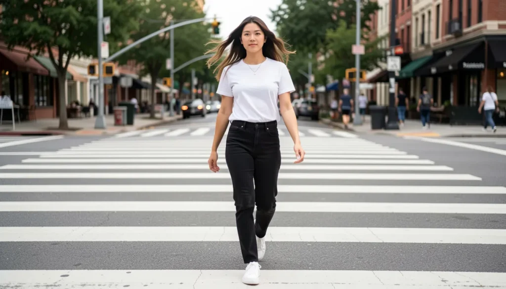 Casual black jeans outfit with t-shirt and sneakers