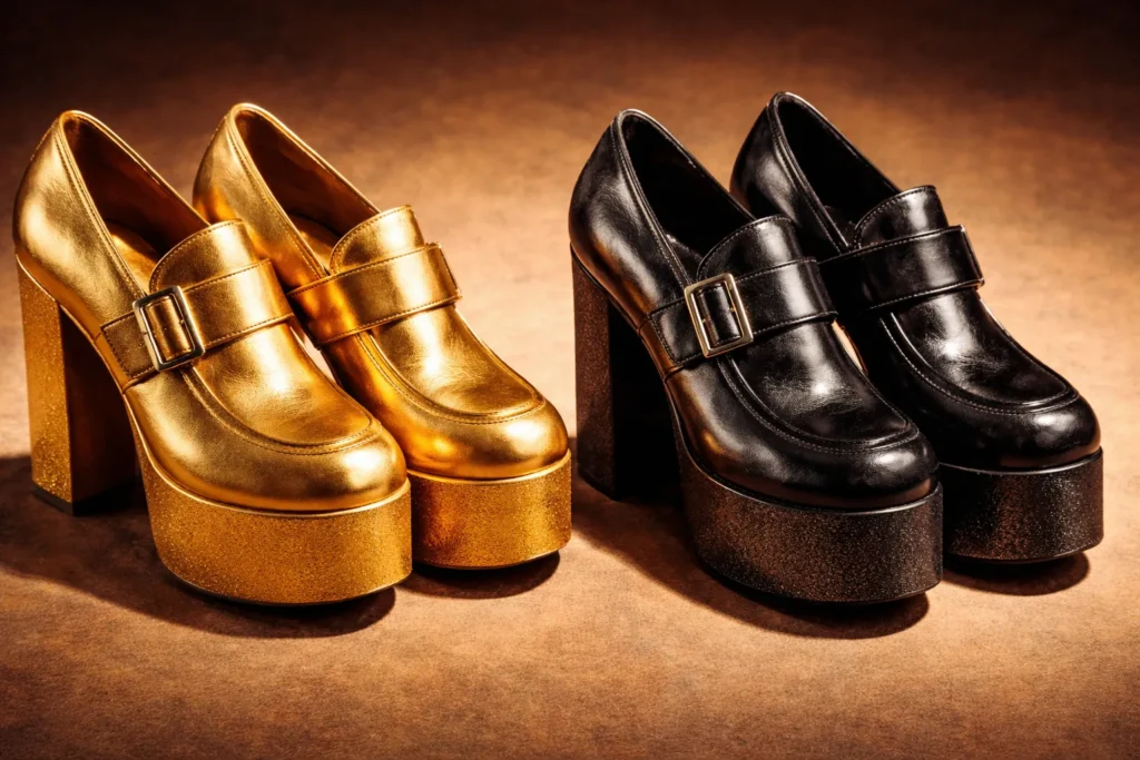 Platform shoes worn with classic disco outfits