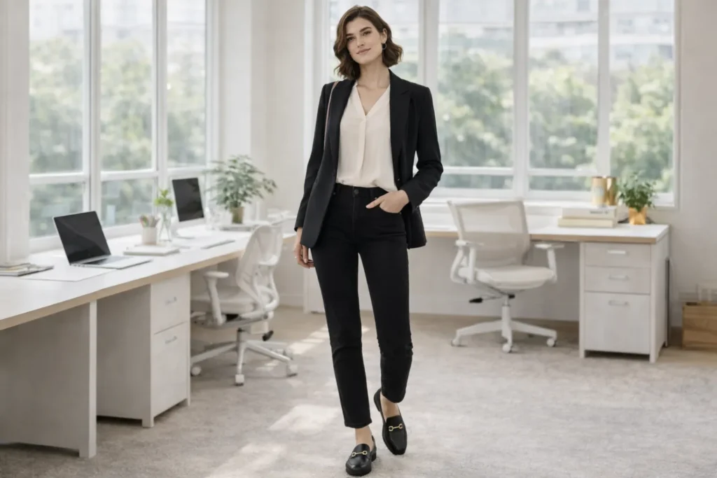 Business casual black jeans outfit for work