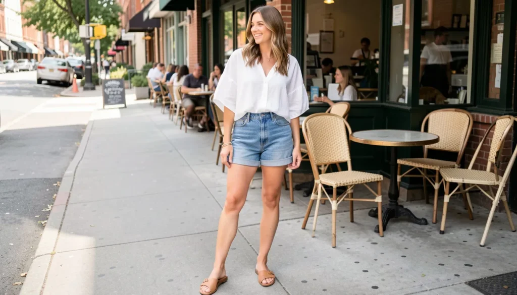 High-waisted denim shorts styled for summer