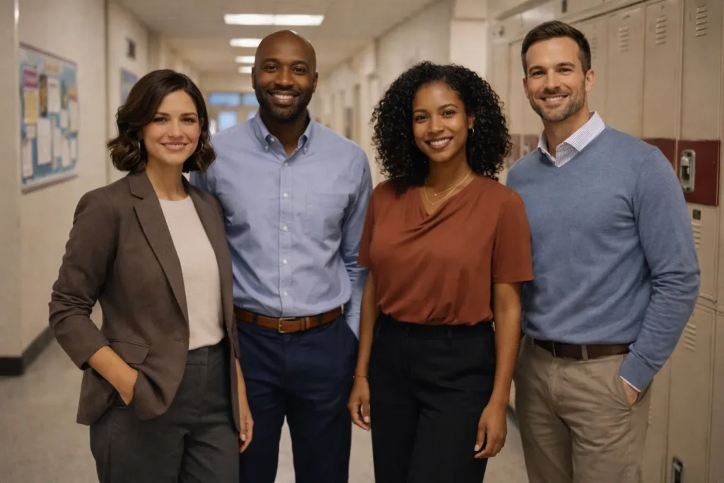 Teachers wearing dress-code-appropriate professional outfits