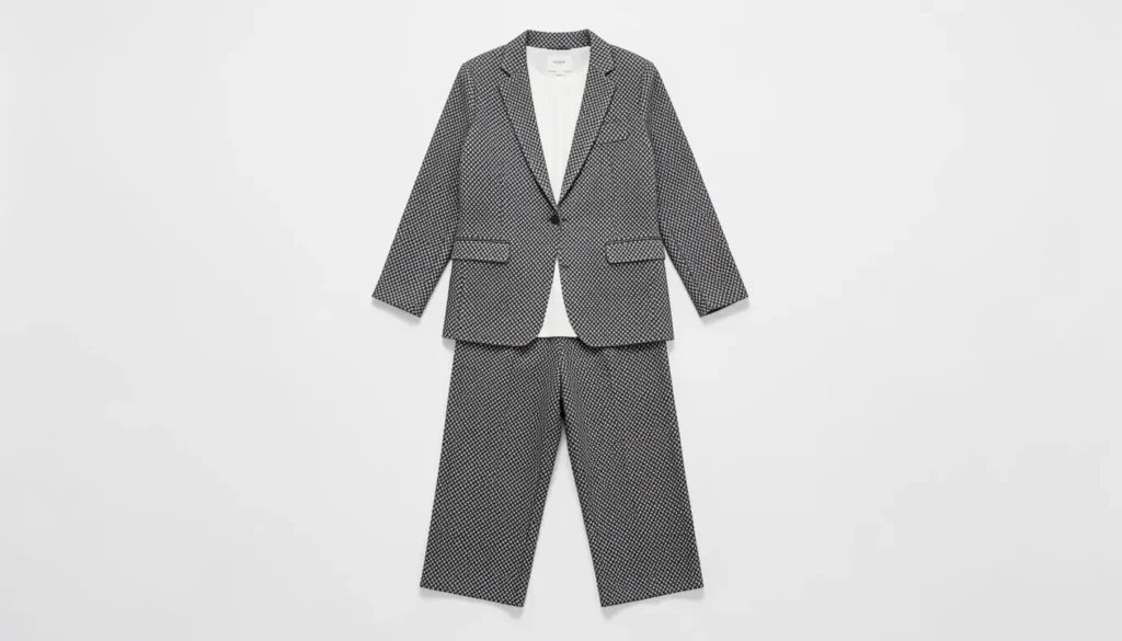 Printed two piece outfit styled with neutral accessories