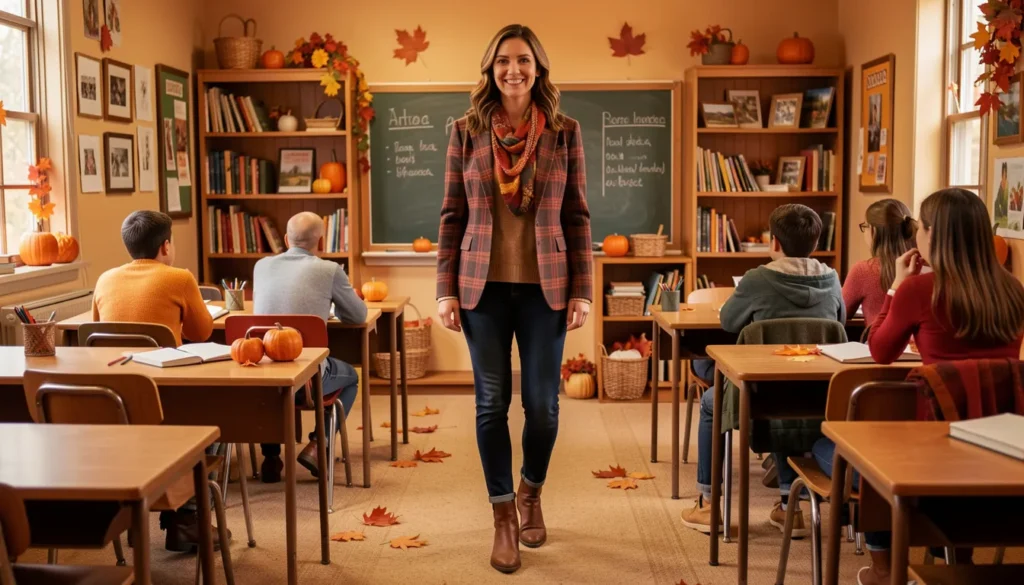 Fall teacher outfit with layers and ankle boots