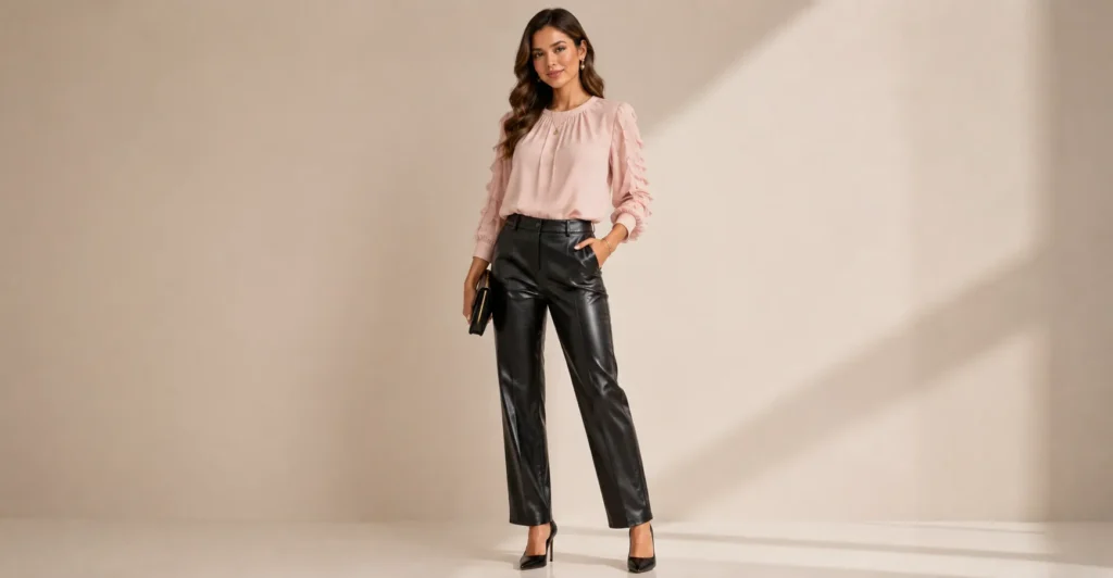 Pink Valentine's Outfit Ideas: Stylish Looks for Every Celebration 9 Pink Valentines Outfit Ideas with a statement pink top and faux leather pants.