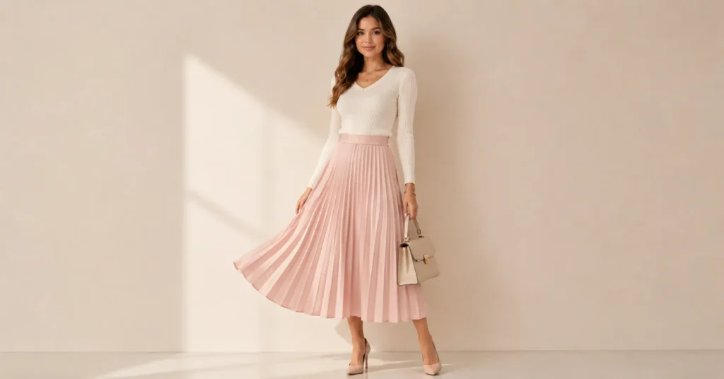 Pink Valentine's Outfit Ideas: Stylish Looks for Every Celebration 7 Pink Valentines Outfit Ideas with a pleated midi skirt.