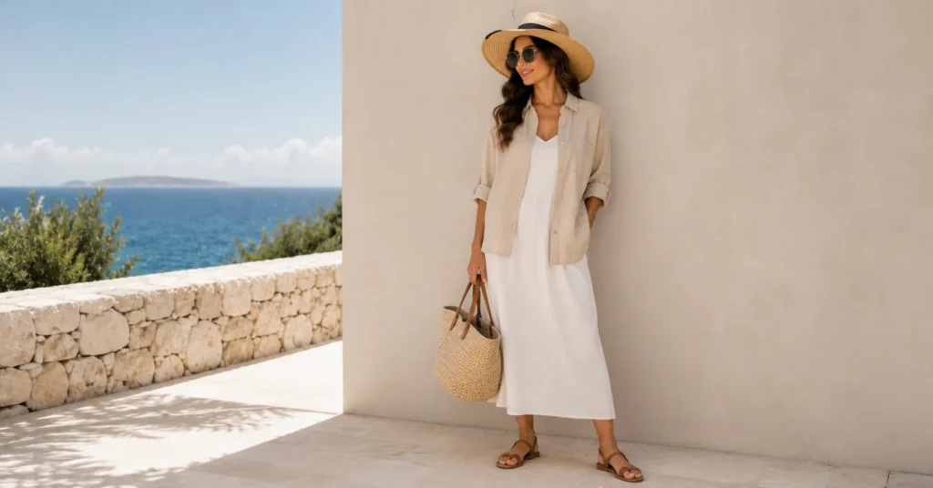 Perfect Summer Outfit for Women featuring a linen shirt, white midi dress, and beach vacation accessories.