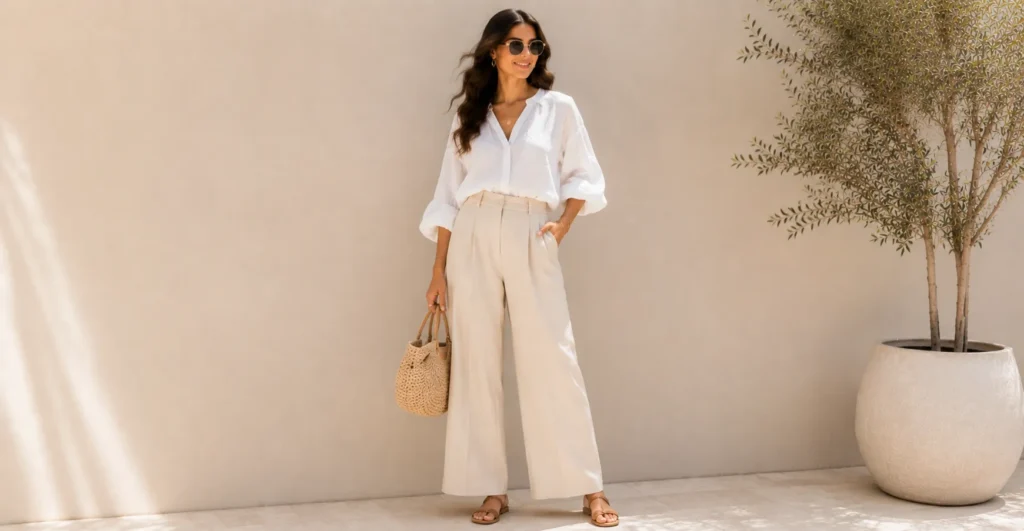 Perfect Summer Outfit for Women featuring a breezy white blouse and beige linen trousers.
