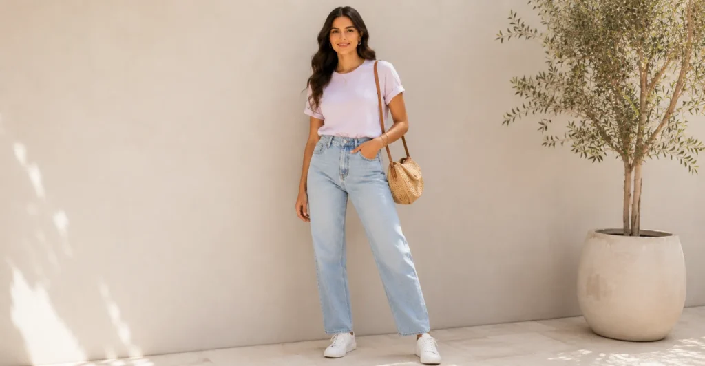 Casual Perfect Summer Outfit for Women with jeans and sneakers.