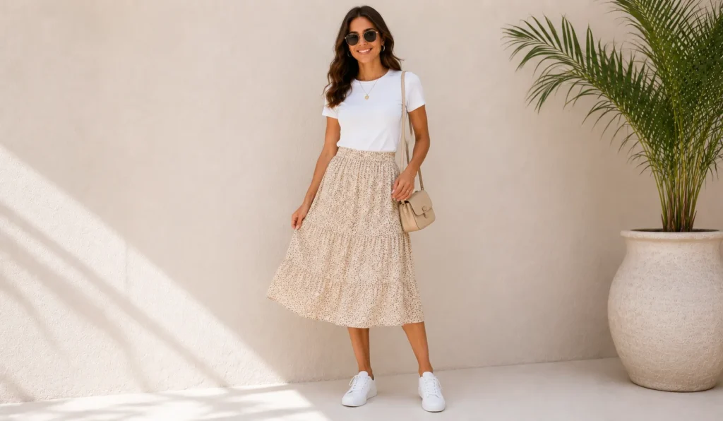 Summer casual outfit with a midi skirt and fitted T-shirt.