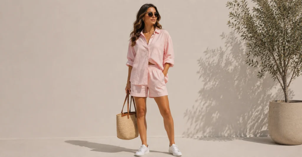 Casual Two Piece Outfit with matching shirt and shorts for everyday summer style.