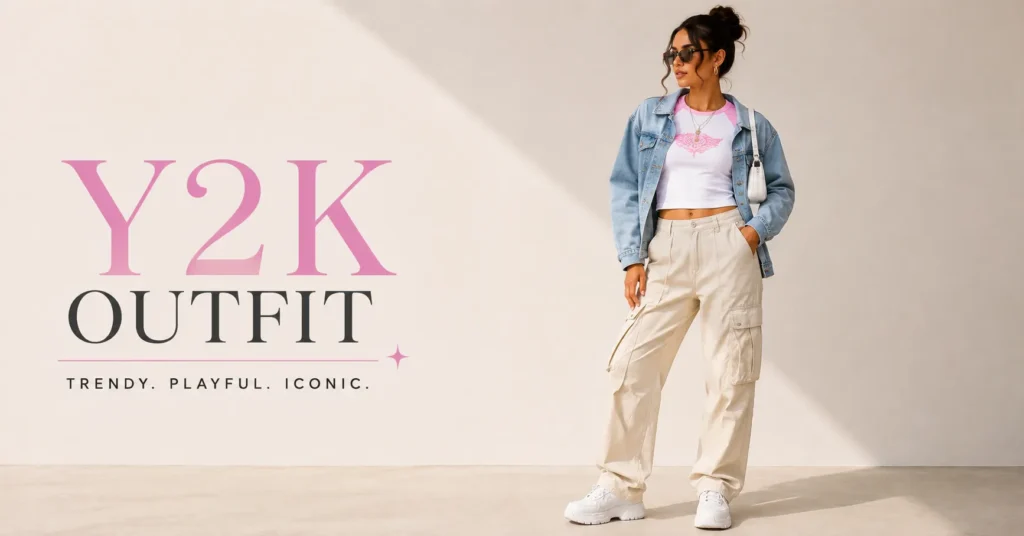 Best Y2K Outfit Inspiration for Every Style & Occasion 7 Y2K Outfit with cargo pants, denim jacket, and chunky sneakers.