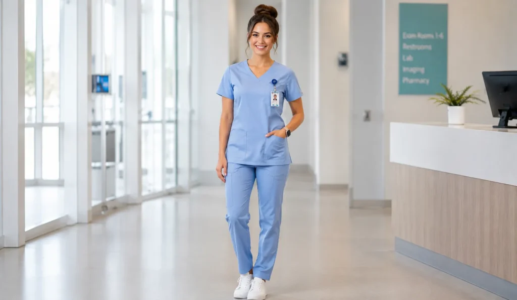 Classic blue Nurse Outfit featuring comfortable professional scrubs.