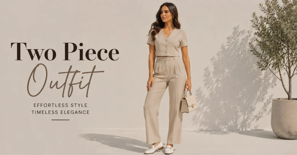 Classic Two Piece Outfit for women with coordinated blouse and tailored trousers.