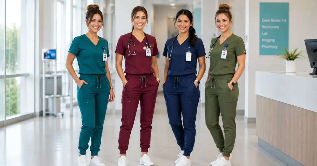 Professional Nurse Outfit color ideas featuring modern medical scrubs.