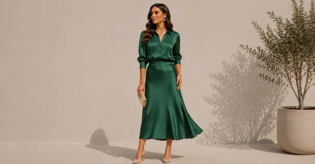 Dressy Two Piece Outfit with coordinated satin top and elegant midi skirt.