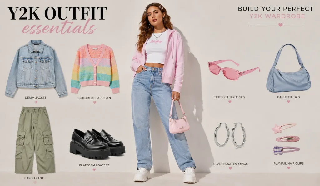 Best Y2K Outfit Inspiration for Every Style & Occasion 3 Essential Y2K Outfit wardrobe staples including denim, cargo pants, chunky sneakers, and trendy accessories.