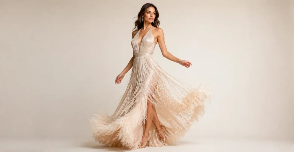 Prom Dresses Guide: Best Styles, Colors & Trends for 2026 7 Elegant prom dress featuring feather and fringe details.