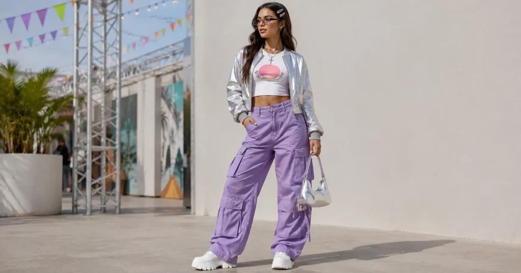 Best Y2K Outfit Inspiration for Every Style & Occasion 9 Y2K Outfit featuring stylish festival fashion with cargo pants, layered jacket, and trendy accessories.