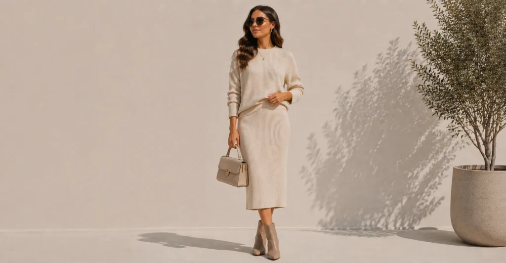 Elegant knit Two Piece Outfit featuring a matching sweater and midi skirt.