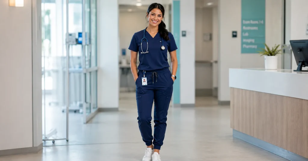 Modern navy Nurse Outfit with stylish scrubs and comfortable medical footwear.