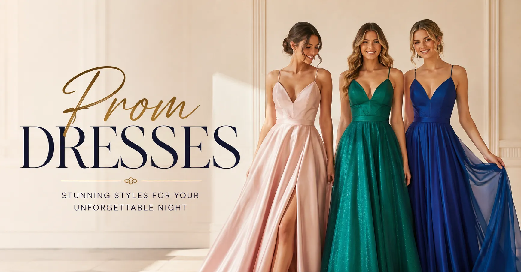 Prom Dresses Guide featuring elegant modern prom dresses in stylish formal evening designs.