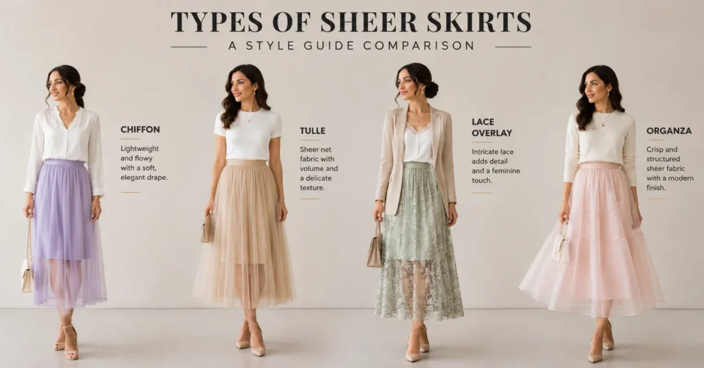 How to Fearlessly Style a Sheer Skirt for Any Occasion 8 How to Style a Sheer Skirt by choosing the right chiffon, lace, tulle, or organza style.