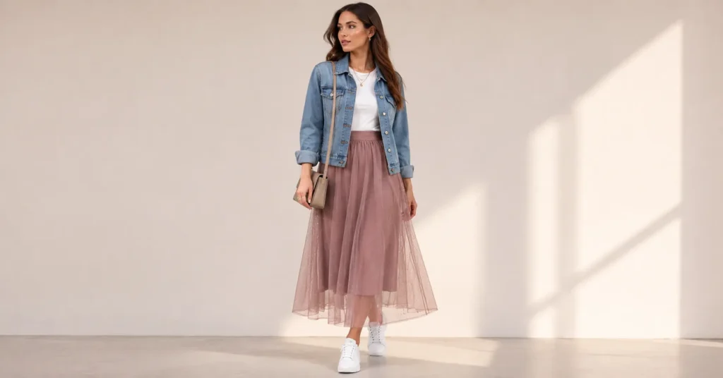 How to Fearlessly Style a Sheer Skirt for Any Occasion 5 How to Style a Sheer Skirt for a casual daytime outfit with sneakers and a classic tee.