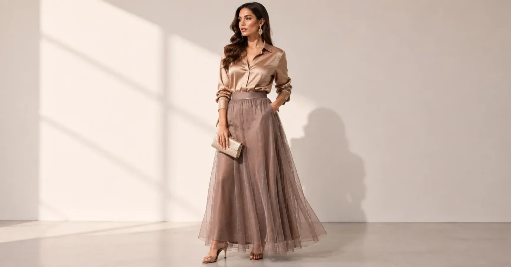 How to Fearlessly Style a Sheer Skirt for Any Occasion 7 How to Style a Sheer Skirt for an elegant evening outfit with luxurious layered styling.