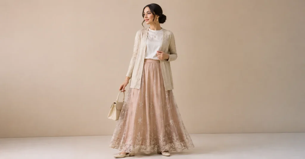 How to Fearlessly Style a Sheer Skirt for Any Occasion 4 How to Style a Sheer Skirt with a modest layered outfit for elegant everyday wear.