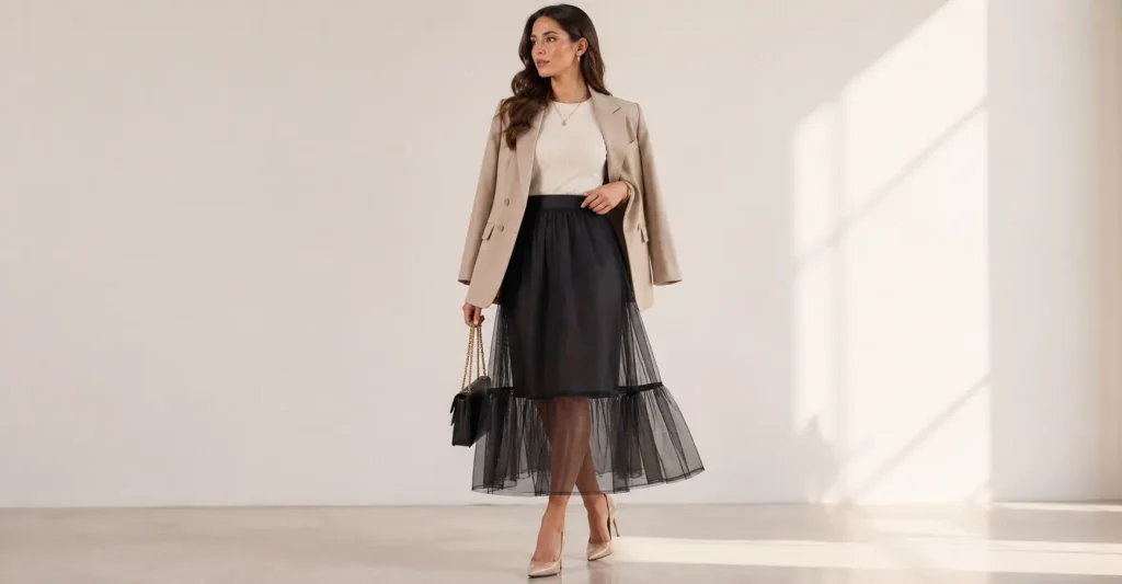 How to Fearlessly Style a Sheer Skirt for Any Occasion 3 How to Style a Sheer Skirt with maximum coverage using an elegant layered slip skirt.