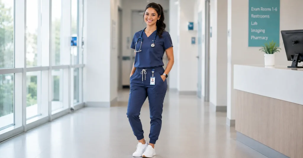 Modern jogger-style Nurse Outfit for comfortable healthcare workwear.