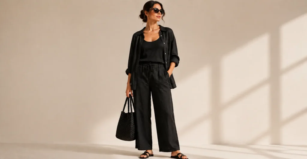 Summer All Black Outfit with breathable linen clothing.