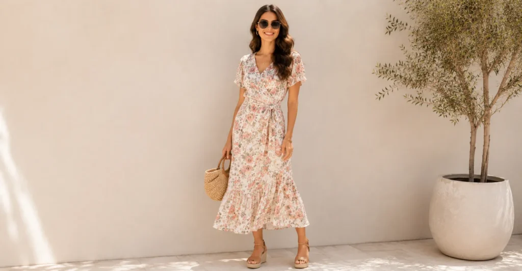 Perfect Summer Outfit for Women for brunch in a floral midi dress.