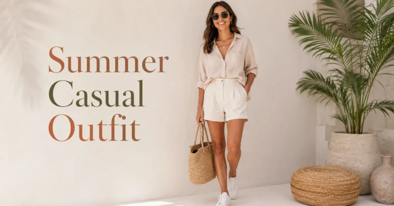 Summer Casual Outfit Guide featuring a woman wearing a stylish casual summer outfit with linen shirt, shorts, and sneakers.