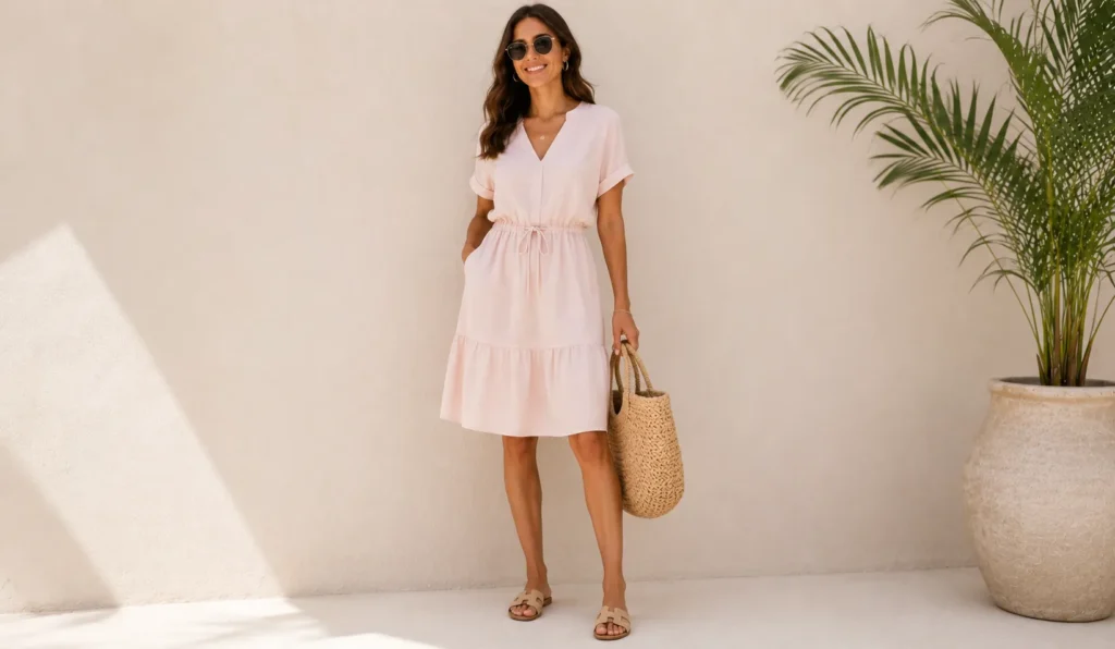 Summer casual outfit with a comfortable cotton dress and sandals.