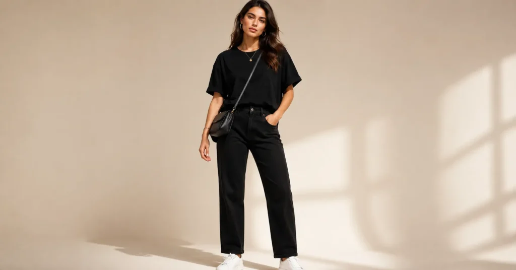 Casual All Black Outfit with black jeans and oversized T-shirt.