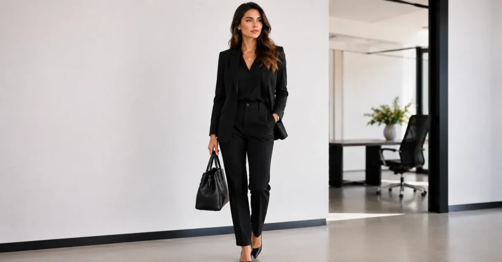 Corporate All Black Outfit with tailored blazer and trousers.