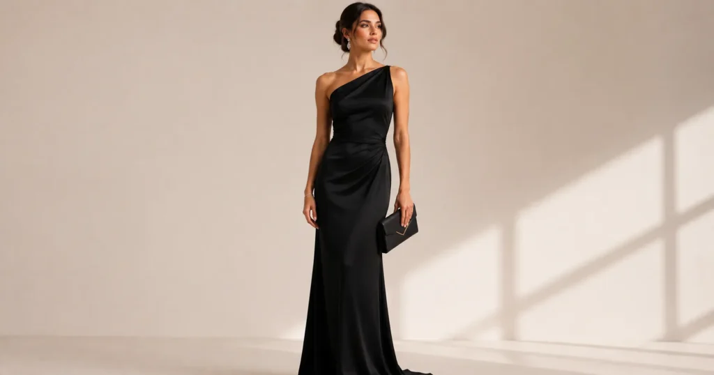 Formal All Black Outfit featuring an elegant black evening gown.