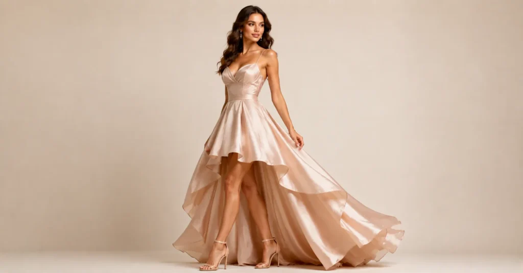 Prom Dresses Guide: Best Styles, Colors & Trends for 2026 12 Modern high-low prom dress with asymmetrical hem.
