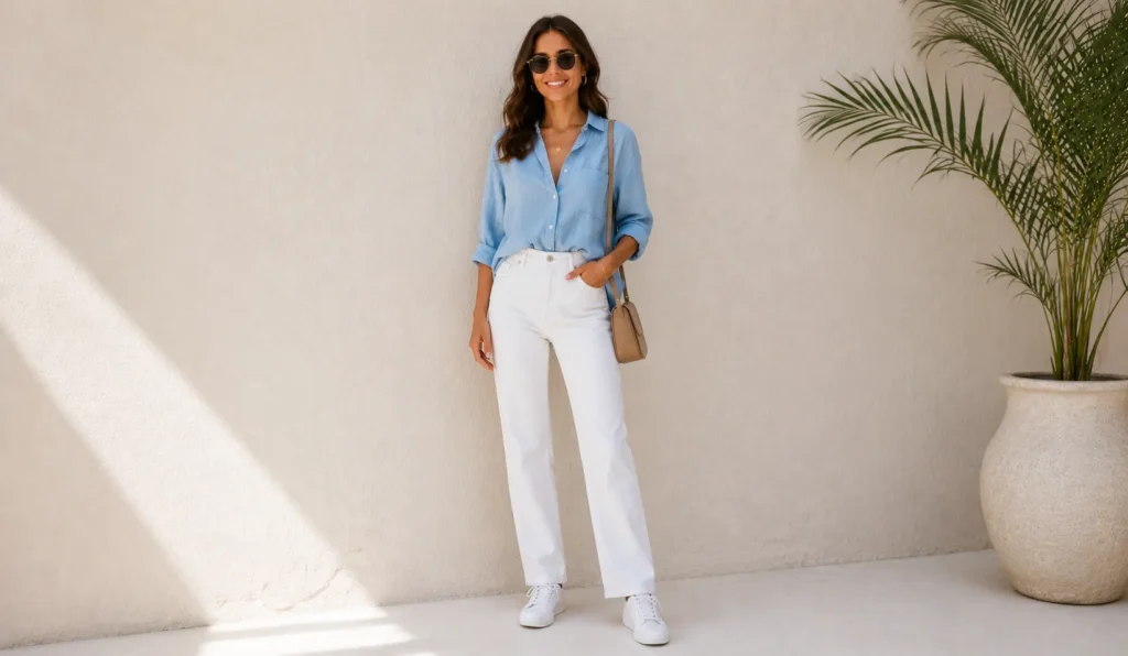 Summer casual outfit with white jeans and a chambray shirt.
