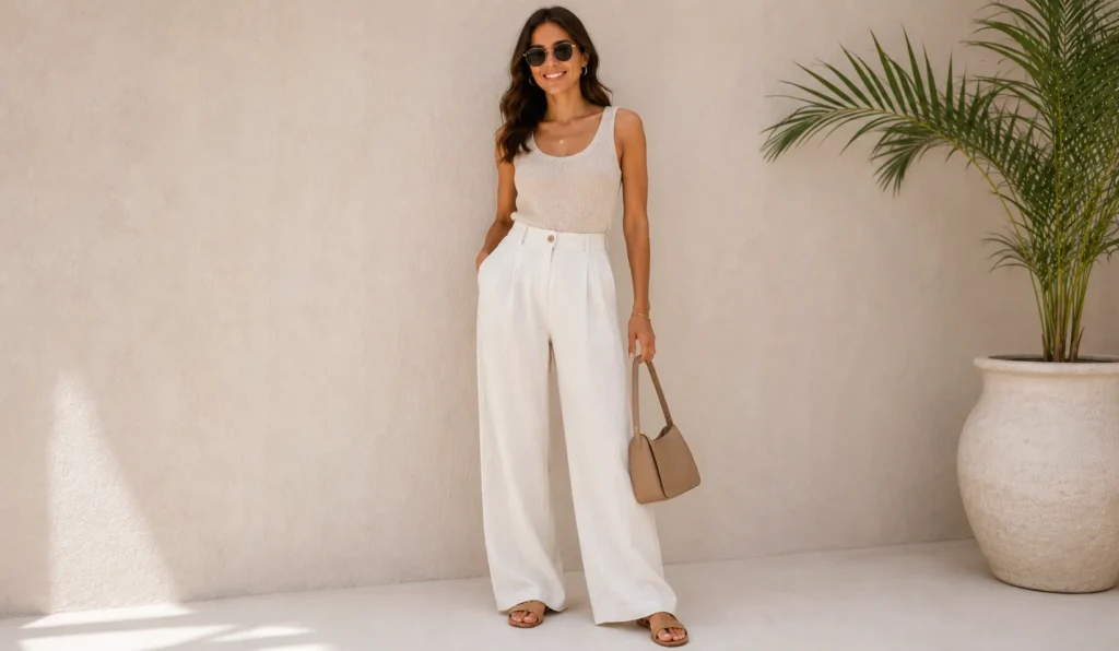 Summer casual outfit with a comfortable cotton dress and sandals.