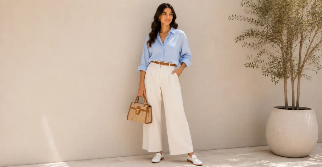 Perfect Summer Outfit for Women with cream wide-leg trousers and a lightweight linen blouse.