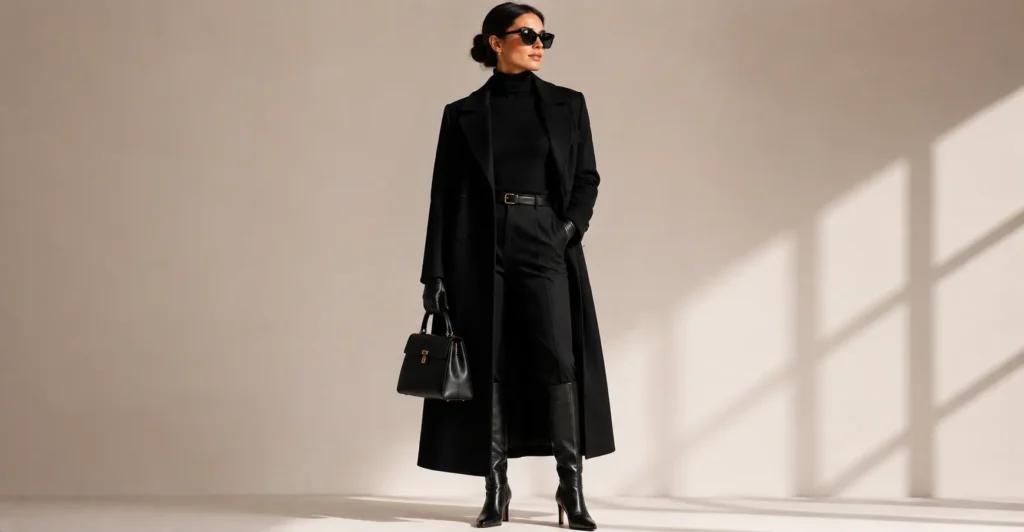 Winter All Black Outfit with long black coat and boots.