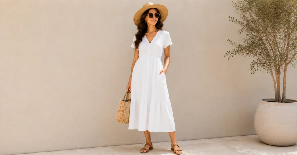 Perfect Summer Outfit for Women featuring an elegant white midi dress with summer accessories.