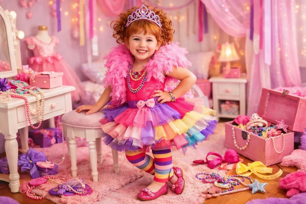 Fancy Nancy outfits colorful tutu dress with tiara and feather boa